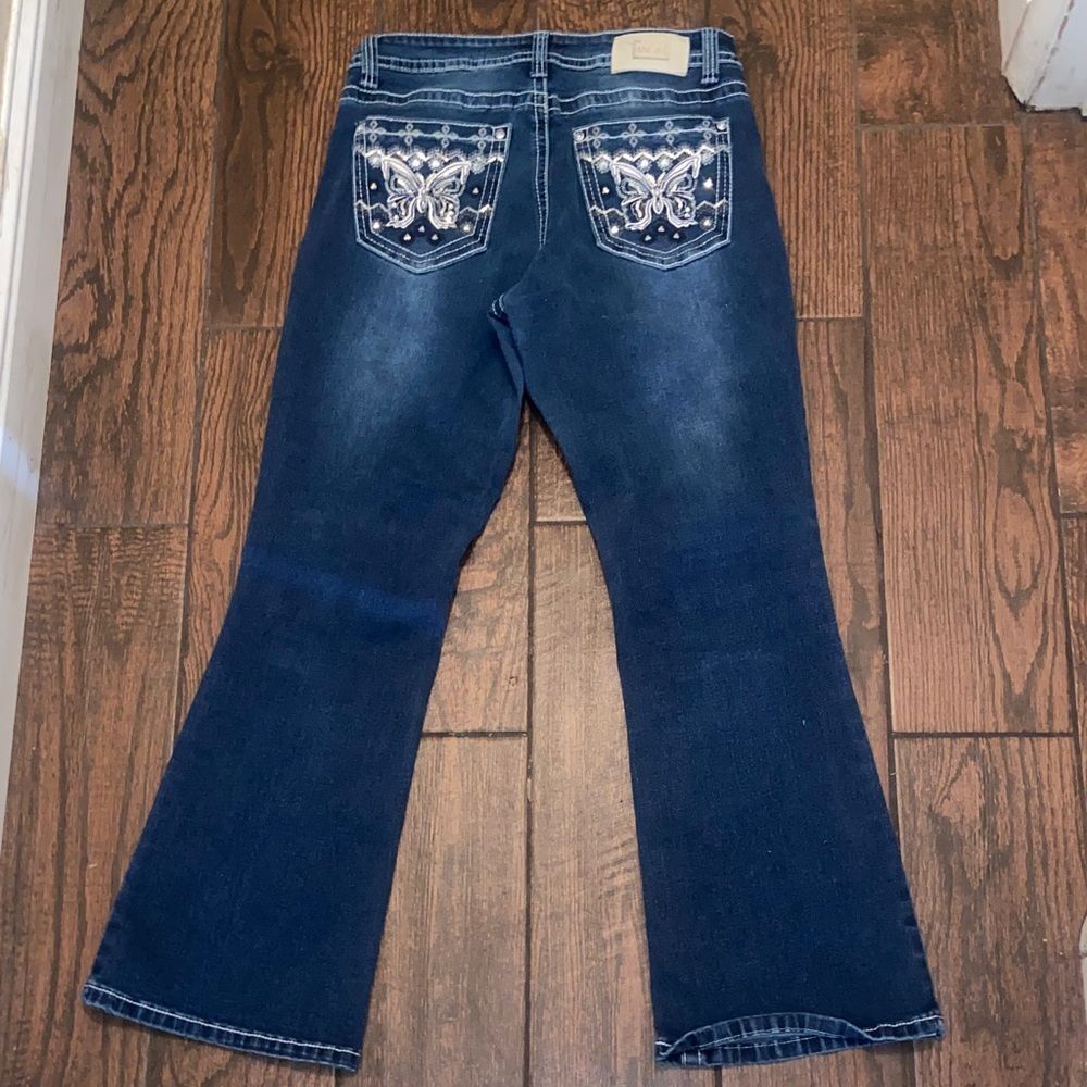 Angel Designed In Los Angeles Elegant Dark Blue Flare Jeans with Embroidery 13